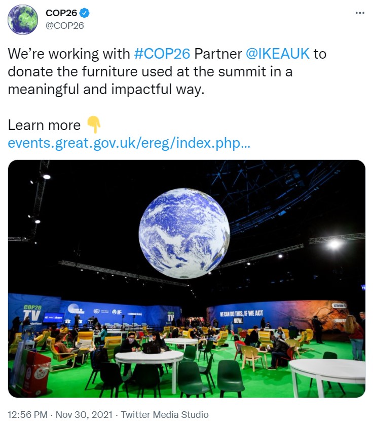 COP26 tweet re IKEA and furniture 30-11-2021